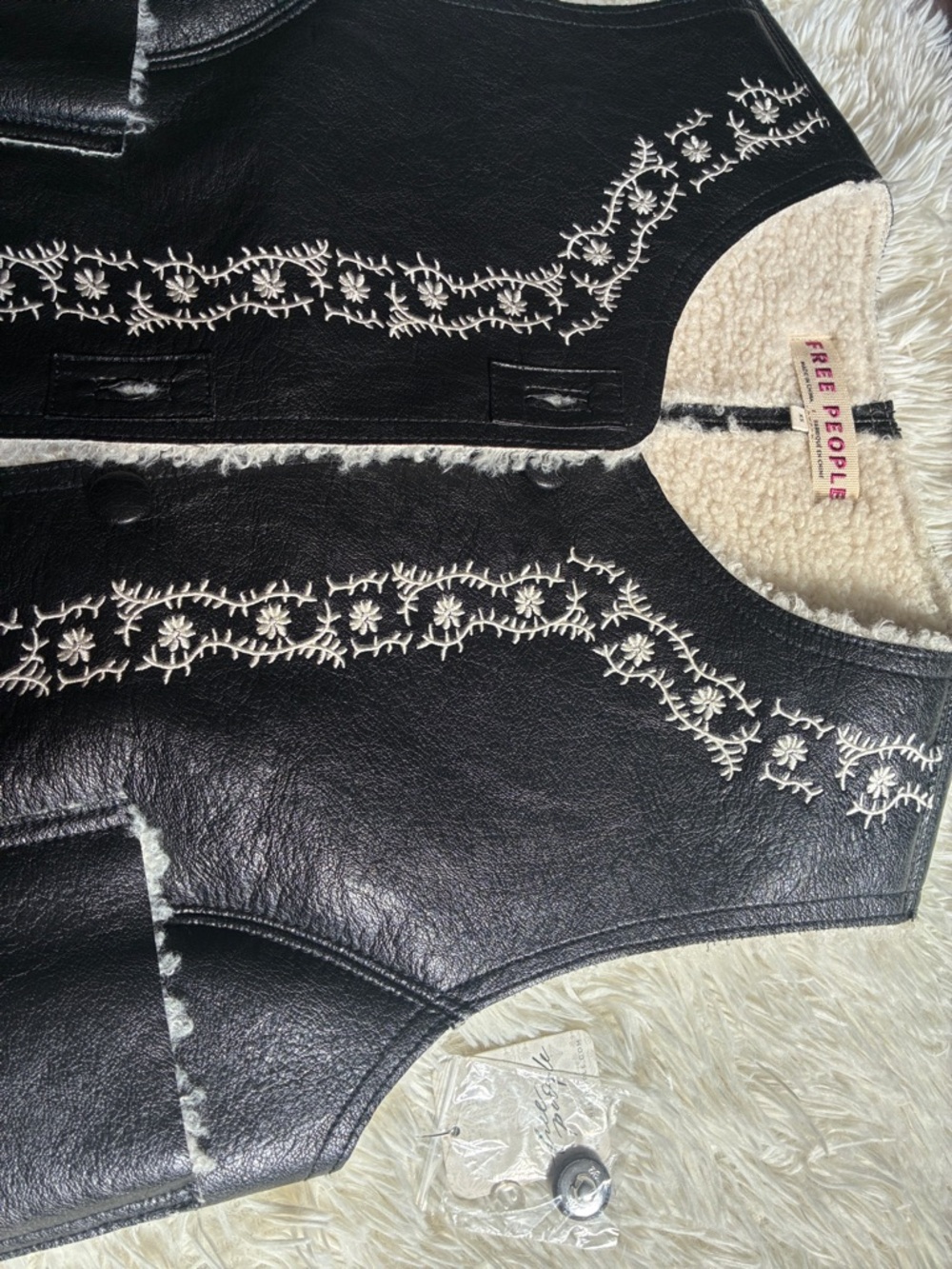 Free People Black Faux-Leather Sherpa Vest with White Embroidery - Picture 3 of 7